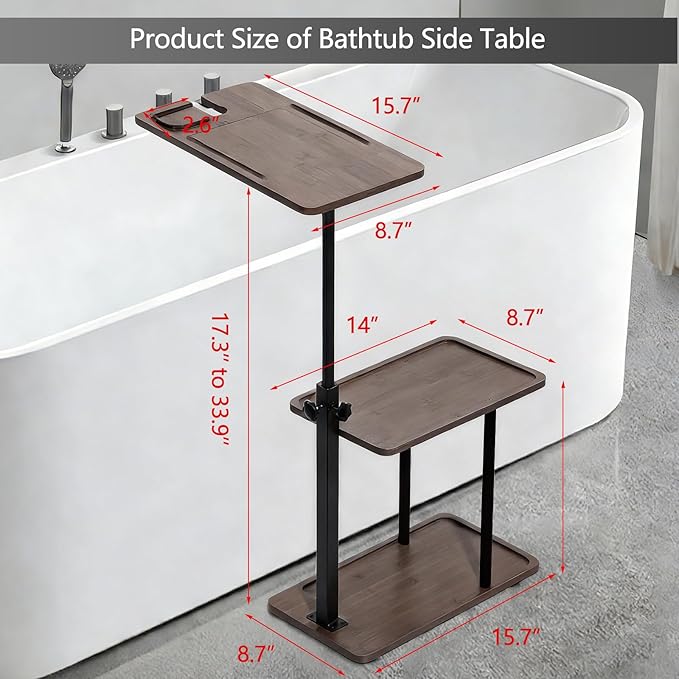 3 Layer Bathtub Tray Table, Bamboo Swivel Bathtub Side Table Height Adjustable - Image 6