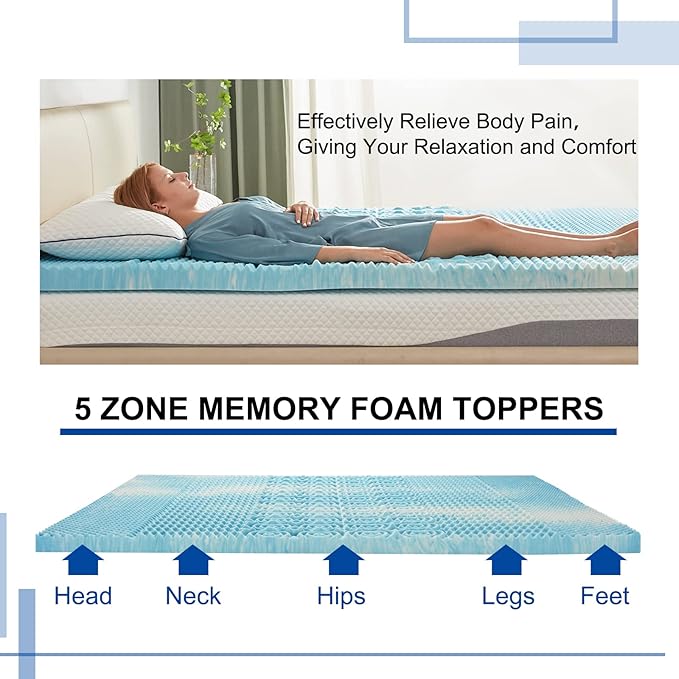 SINWEEK 2 Inch Mattress Topper 5-Zone Memory Foam Mattress Topper Pressure - Image 6