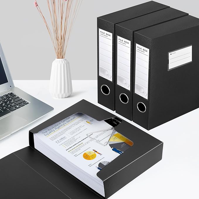 HUA JIE 2 Pack A4 Storage File Boxes Archives Case,65mm Spine,Box File Document Storage Box with Metal Clip for Office School -Black