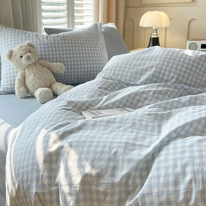 mixinni Light Blue Gingham Duvet Cover Set Full Size - Image 6