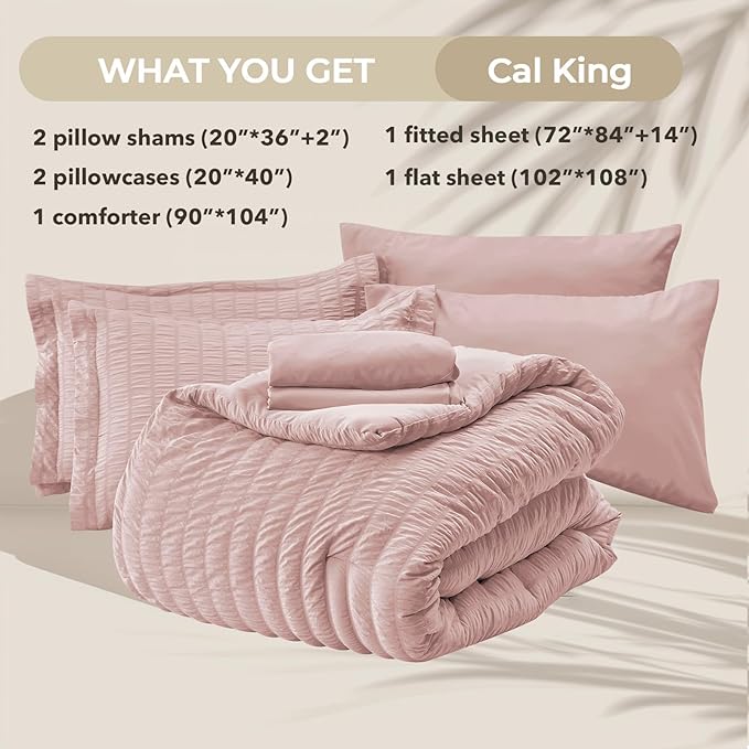 HYMOKEGE Rose Gold California King Comforter Set Seersucker 7 Pieces, All - Image 5