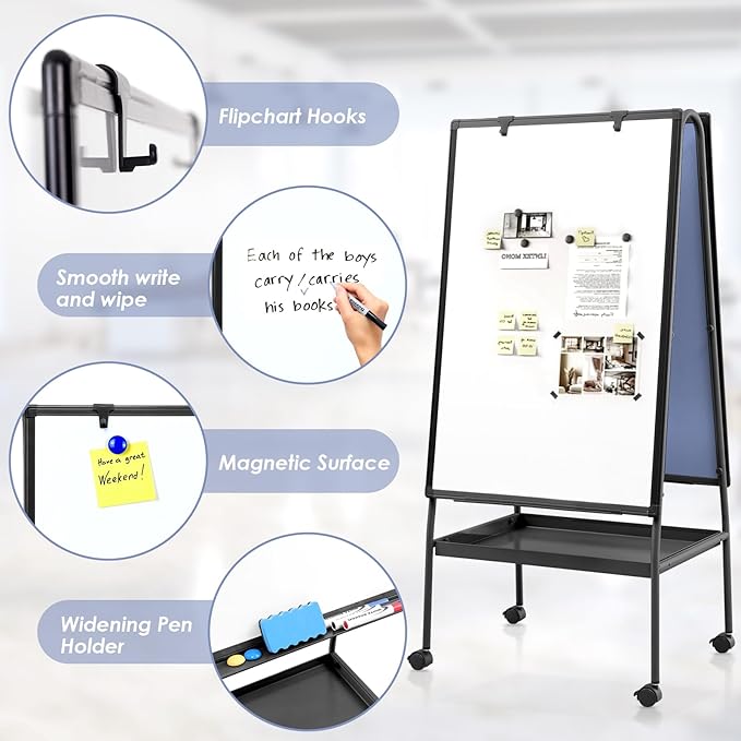 MAKELLO Rolling White Board on Wheels 36x24 in, Double-Side Standing Whiteboard Cork Board Combo with Storage Tray for Office Classroom Commerce, Height Adjustable, Aluminum Frame, 3'x2'