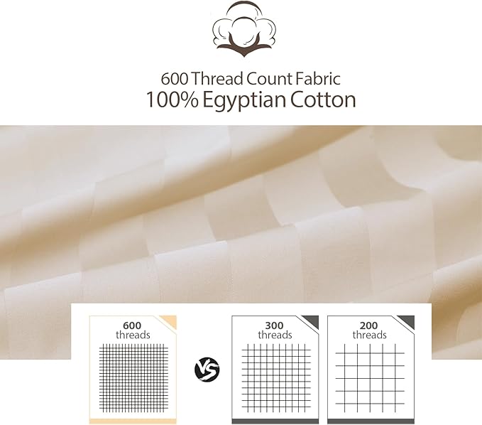 Queen Size Striped Fitted Sheet Only Beige Color, 100% Egyptian Cotton 600 - Image 2