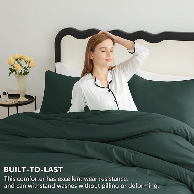 CozyLux King Size Comforter Set Forest Green, 3 Pieces Solid Comforters King - Image 3