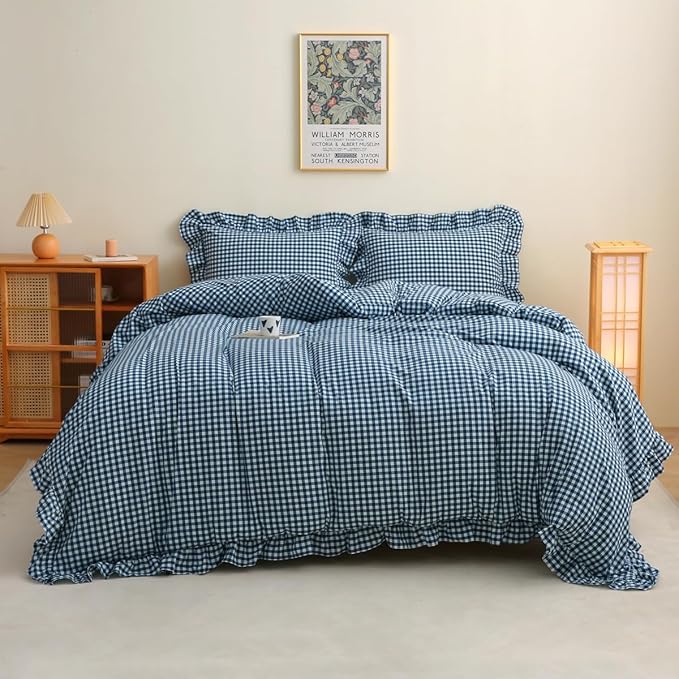 Silnuo Navy Blue/White Plaid Ruffle 3-Piece Duvet Cover Set Queen Size by Silnuo