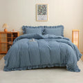 Silnuo Navy Blue/White Plaid Ruffle 3-Piece Duvet Cover Set Queen Size by Silnuo