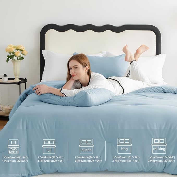 CozyLux Queen Comforter Set Light Blue, 3 Pieces Solid Comforters Queen Size - Image 6