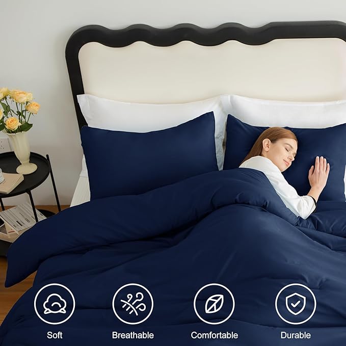 CozyLux Navy Blue Full Size Comforter Set, 3 Pieces Solid Breathable Quilted - Image 4