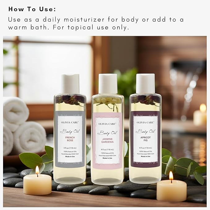 Olivia Care 3 Pack Body Oils: Apricot Fig, French Rose, Jasmine Gardenia - Image 6