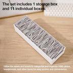 11 Cable Organizer Box with Labels, Cord Storage Organizer for Desk Drawer，Includes 20 Ties & 32 Labels, Office Home Multi-Purpose Organizer