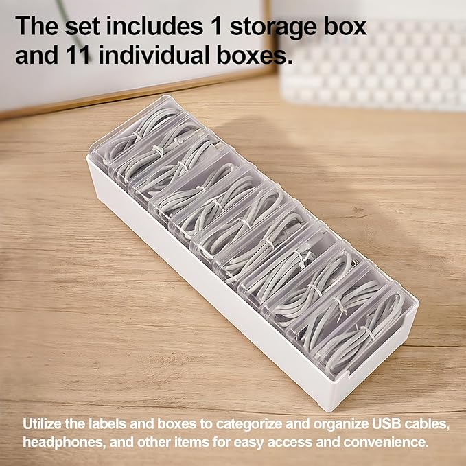 11 Cable Organizer Box with Labels, Cord Storage Organizer for Desk Drawer，Includes 20 Ties & 32 Labels, Office Home Multi-Purpose Organizer
