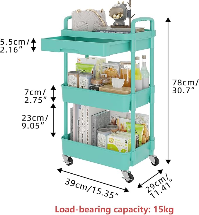 Calmootey 3-Tier Rolling Utility Cart with Drawer,Multifunctional Storage Organizer with Plastic Shelf & Metal Wheel,Storage Cart for Kitchen,Bathroom,Living Room,Office,Green