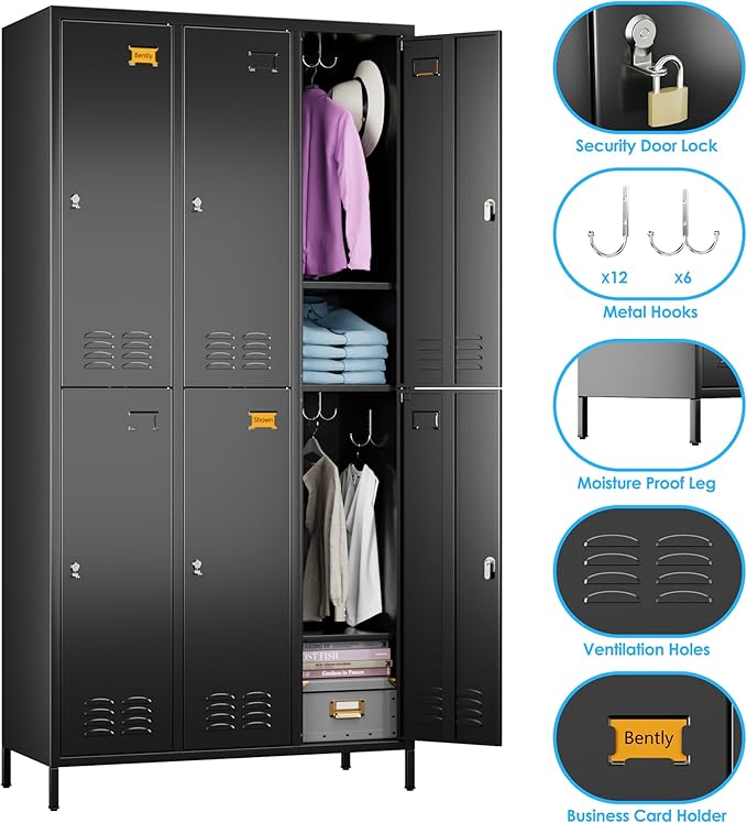 SUPEER 6 Doors Metal Locker for Employees with 18 Hooks and Business Card Holder,Metal Locker with Ventilation Holes for School Garage Office Gym Home,Assembly Required,Black