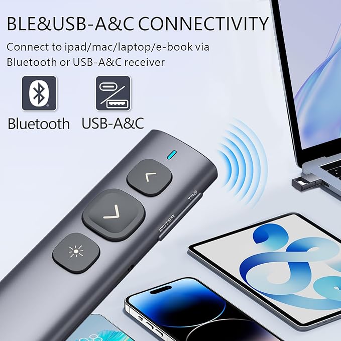 Norwii N95 Presentation Clicker, PowerPoint Clicker for Presentation Remote, Rechargeable Wireless Presenter Pointer, Slide Advancer for PC/Laptop/e-Book (BLE&USB-A&C, Red Light)