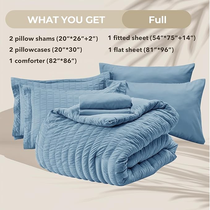 HYMOKEGE Mineral Blue Full Size Comforter Sets Seersucker 7 Pieces, All Season - Image 5