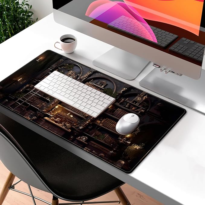 Black Vintage Gothic Desk Mat Black Dark Academia Desk Pad Medieval Bookshelf Large Flower Mouse Pad XXL Plant Mousepad Extended Laptop Computer Keyboard Mat Office Desk Decor 31.5x15.8 in