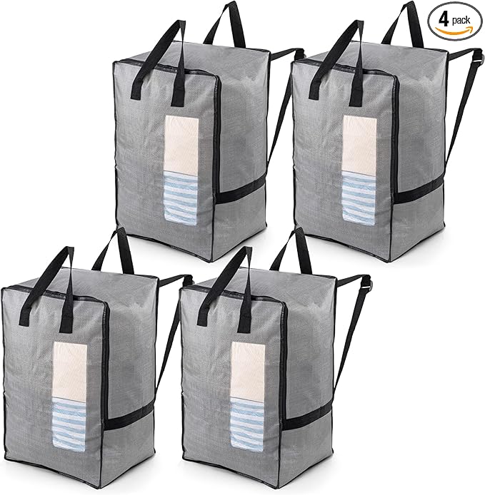 TAILI 4 Pack Gray Moving Bags w/Adjustable Backpack Straps, Moving Supplies, Moving Boxes Alternative, Heavy Duty Storage Totes for College Packing, Camping Backpack for Travel, Dorm, Laundry