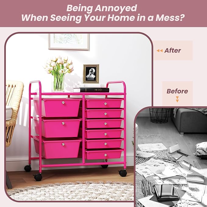 GOFLAME 9-Drawer Rolling Storage Cart, Mobile Utility Cart with Removable Drawers & Metal Frame, Art Craft Organizer Cart with Lockable Wheels, Storage Drawer Cart for Home Office School, Hot Pink