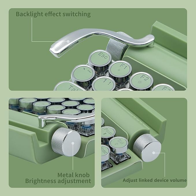 Adventurers Retro Typewriter-Style Mechanical Keyboard, 83 Keys, 75% Compact Layout, Bluetooth 5.0 and Wired, Hot-Swappable Blue Switch, White Backlit for Windows/Mac/iPad/PC/Laptop (Mint Green)