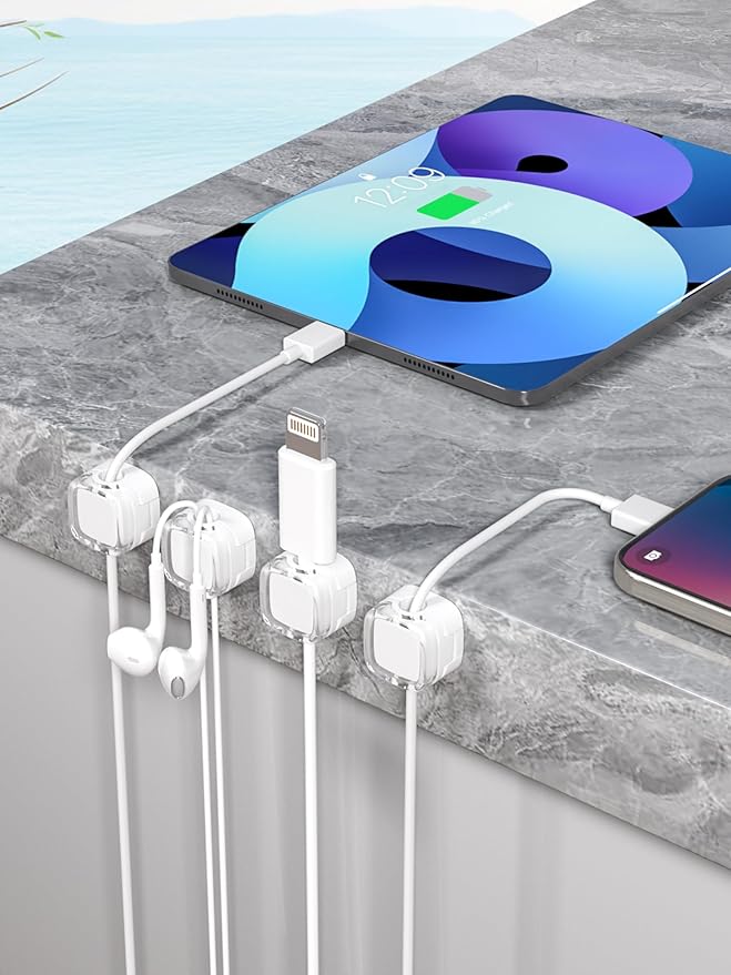 Magnetic Cable Clips, Adjustable Cord Holder Management, Adhesive Wire Keeper Organizer for Home Office Desk Phone PC Car Wall Desktop Nightstand Appliance (9-Pack White Crystal)