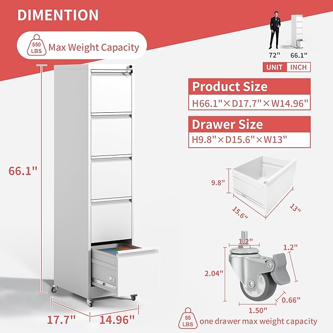 IKIMI 5 Drawer File Cabinet with Wheels,Metal Mobile Filing Cabinets with Lock,Vertical File Cabinet for Home Office,Heavy Duty Storage Cabinet for A4/Letter/Legal Size File,Assembly Required