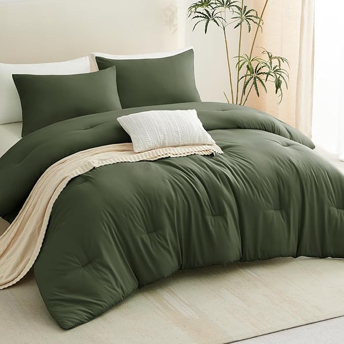 CozyLux King Size Comforter Set Olive Green, 3 Pieces Solid Comforters King - Image 9