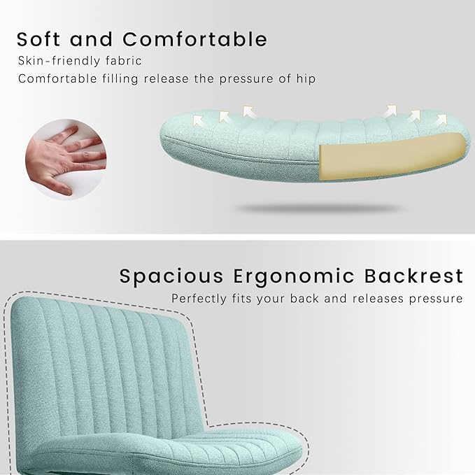 PUKAMI Criss Cross Chair,Armless Cross Legged Office Desk Chair No Wheels,Fabric Padded Modern Swivel Height Adjustable Mid Back Wide Seat Computer Task Vanity Chair for Home Office(Mint Green)