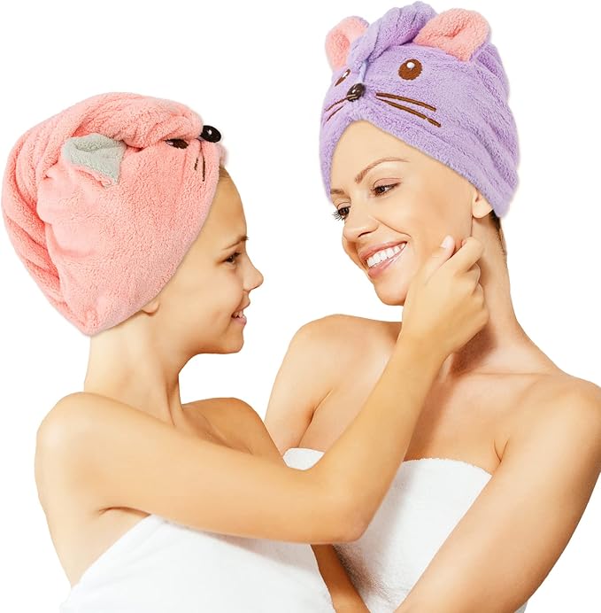 Whaline 2 Pack Parent-Child Quick Dry Hair Towel Cute Mouse Hair Towel Wrap by Whaline