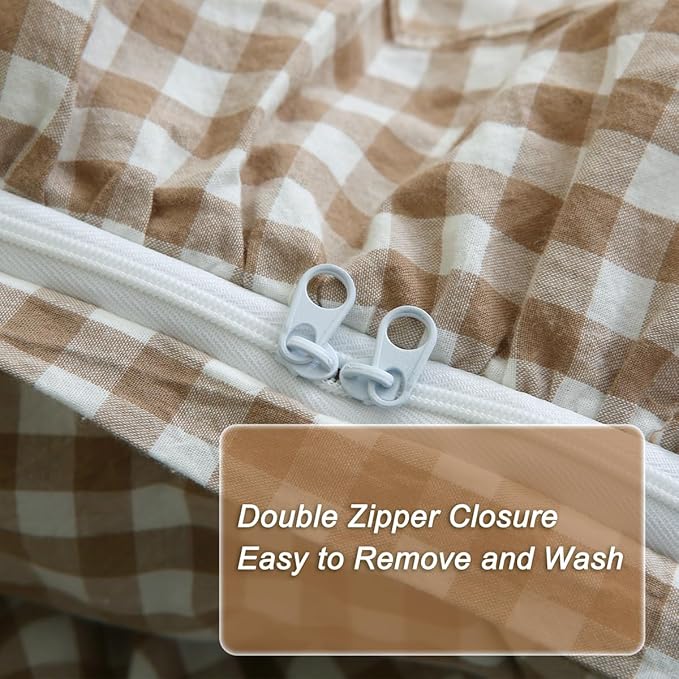 Silnuo Taupe/White Plaid Ruffle Duvet Cover Queen Size, 100% Washed Cotton 3 - Image 5