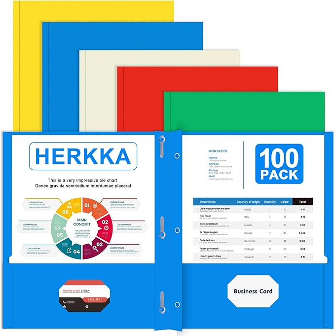 Two Pocket Folder, HERKKA 100 Pack 2 Pocket Folders with Prongs, Business Card Slots Letter Size Paper Folders Designed for Office and Classroom Use, Assorted 5 Colors