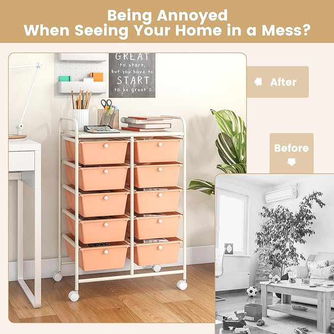 GOFLAME 10-Drawer Rolling Storage Cart, Art Craft Storage Organizer on Wheels, Multipurpose Movable Utility Cart for School, Office and Home, Peach Fuzz