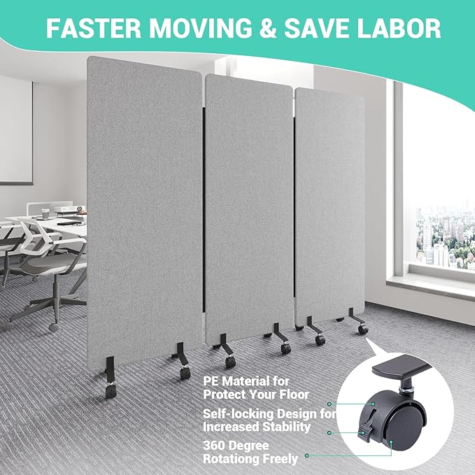 Soundproof Room Divider W/Wheels, 66in Office Dividers for Sound Proofing & Reducing, Sound Proof Dividers for Office Partitions Portable Acoustic Wall Divider (Cool Grey, 3 Panel+3 Panel)