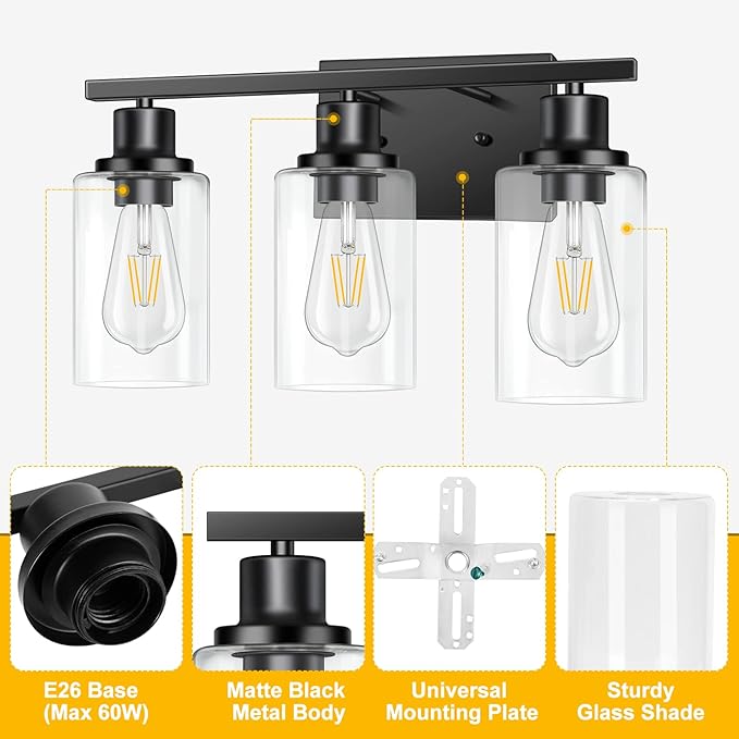 3-Light Vanity Light, Matte Black Bathroom Lighting Fixtures Over Mirror - Image 7