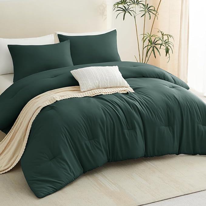 CozyLux King Size Comforter Set Forest Green, 3 Pieces Solid Comforters King - Image 8