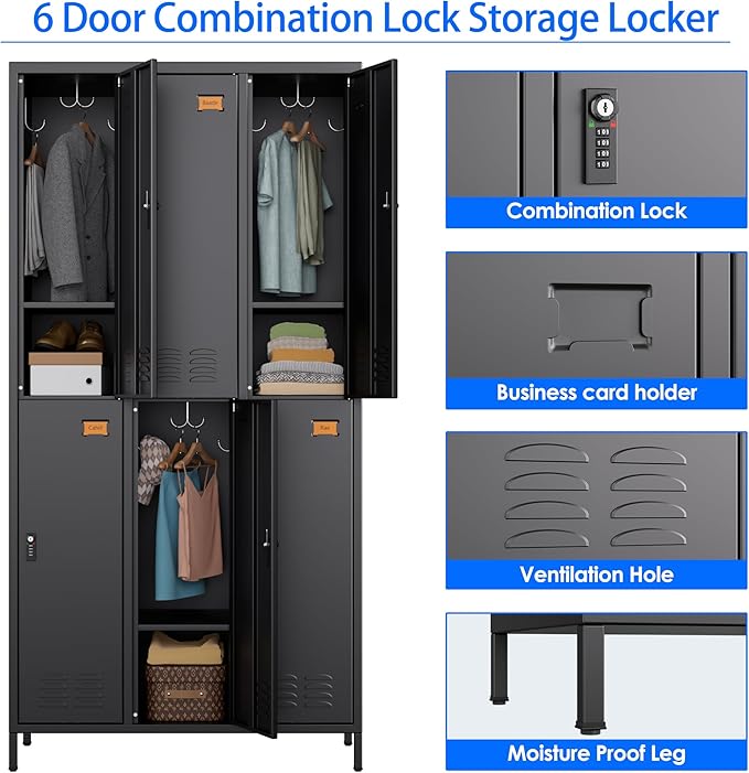 SUPEER 6 Doors Metal Locker for Employees with Combination Locks,Metal Lockers with Business Card Holder and 18 Hooks for Office Gym Home,Assembly Required,Black