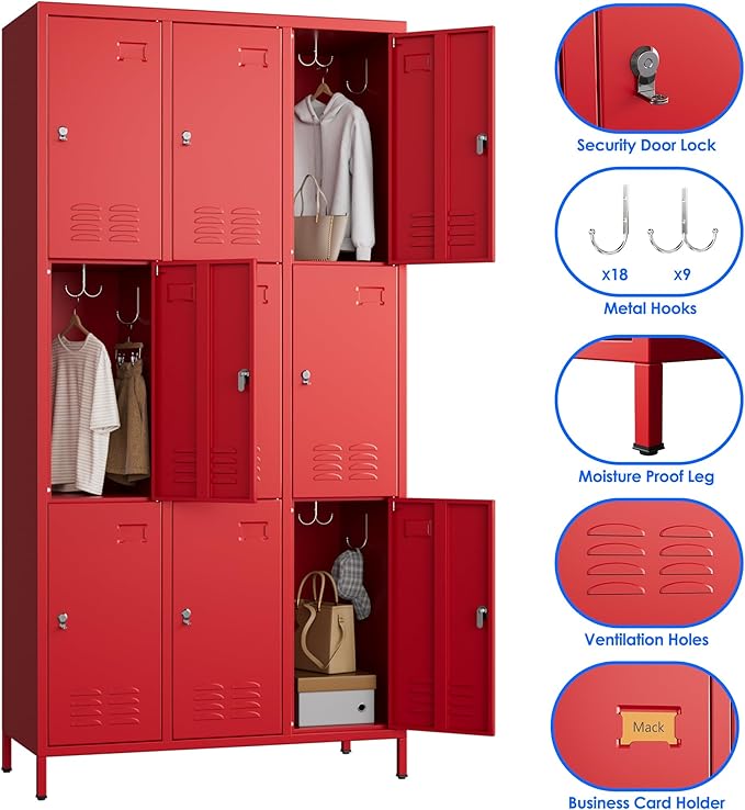 SUPEER 9 Doors Metal Locker with Business Card Holder and 27 Hooks,Metal Locker for Employees with Ventilation Holes for School Garage Office Gym Home,Assembly Required,Red