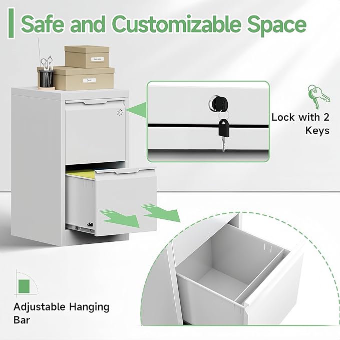 2-Drawer File Cabinet with Lock,Metal Vertical Filing Cabinets for Home Office,Under Desk File Cabinets for Letter/Legal/A4 Size Files,Easy Assemble