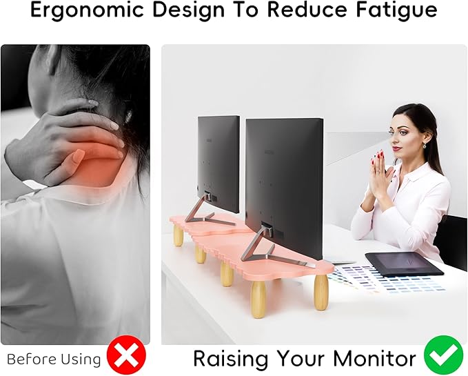 AFOOYO Dual Monitor Riser, Cookie-Shaped Adjustable Length & Swivel Angle, Wooden Desktop Organizer for 2 Monitors,Monitor Stand with Drawer for Laptop, PC, Computer, Printer,Pink