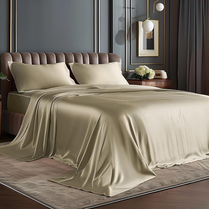 BEDELITE Satin Sheets Twin XL Size Bed Set, Luxury Soft Taupe Silky Sheets by BEDELITE