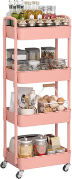 Sywhitta 4-Tier Plastic Rolling Utility Cart with Handle, Multi-Functional Storage Trolley for Office, Living Room, Kitchen, Movable Storage Organizer with Wheels, Pink