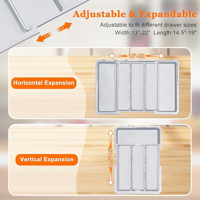 Spaclear Large Utensil Drawer Organizer Expandable Silverware Organizer for Kitchen Drawer Adjustable Cooking Utensil Holder Cutlery Flatware Tray Spatula Tools Gadgets Storage Dividers Plastic Grey