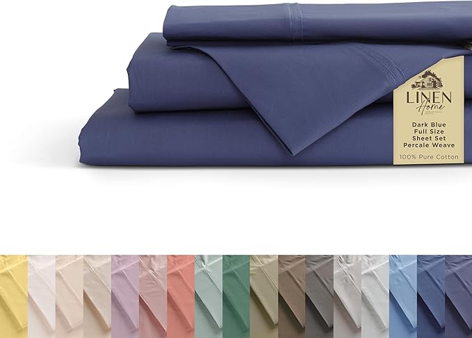 Linen Home 100% Cotton Percale Sheets Full Size, Dark Blue, Deep Pocket by LINENHOME