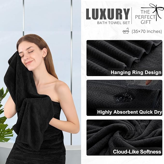 4 Piece Extra Large Bath Towel 35"x70" Oversized Bath Sheet Black Bath Towel Set - Image 3