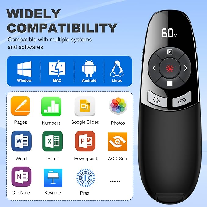 Presentation Clicker for PowerPoint with Red Laser Pointer and Timer, Wireless Clicker for Laptop Presentations Remote, Power Point Remote Clicker for Computer/Mac/PPT/Google Slide Advancer