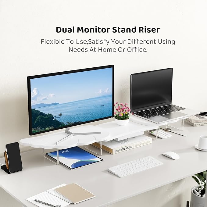 AFOOYO Dual Monitor Stand Riser, Wing-Shaped Sturdy Desktop Wood Stand for 2 Monitors, White Riser for Laptop, PC, Computer