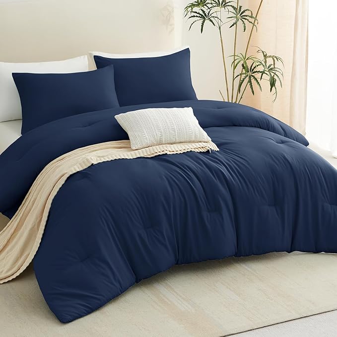 CozyLux Oversized Queen Comforter Set Navy Blue, 3 Pieces 98x98 Solid - Image 9