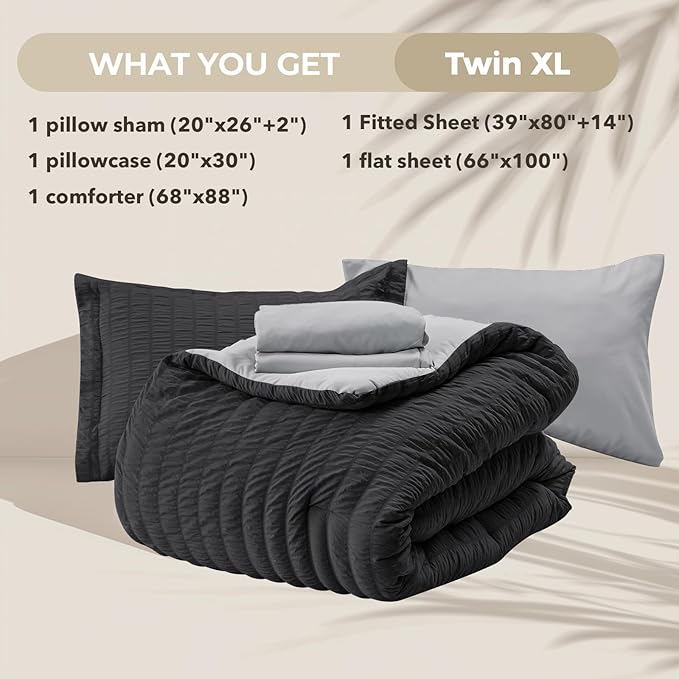 HYMOKEGE Black/Light Grey Twin XL Comforter Set Seersucker 5 Pieces, All Season - Image 5