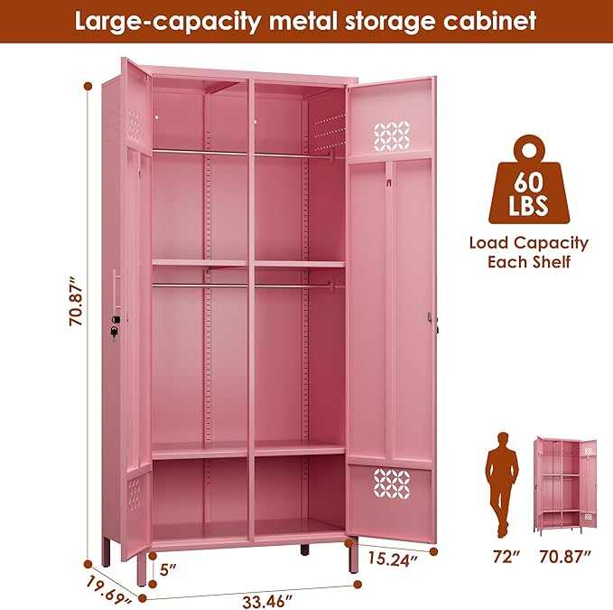SUPEER 2 Doors Metal Storage Locker with Adjustable Shelves and 2 Hanging Rods, Metal Wardrobe Cabinet with Lock,Wardrobe Lockers for Home,Office,Assembly Required,Pink