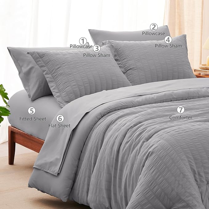 CozyLux Queen Comforter Set Grey Seersucker 7 Pieces Bed in a Bag Queen - Image 8