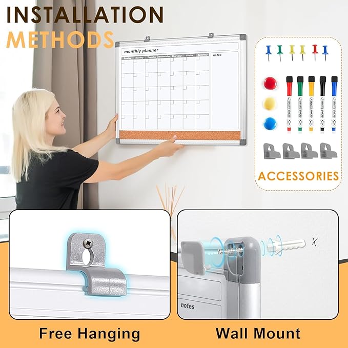 MAKELLO Dry Erase Calendar for Wall 36" x 24", Large Calendar Whiteboard with Cork Board for Office, Home, School, Family, Kitchen and Bedroom, 3' x 2'